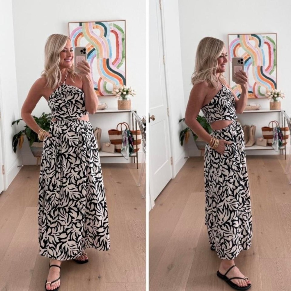 NWT The drop Black and white floral halter neck midi dress